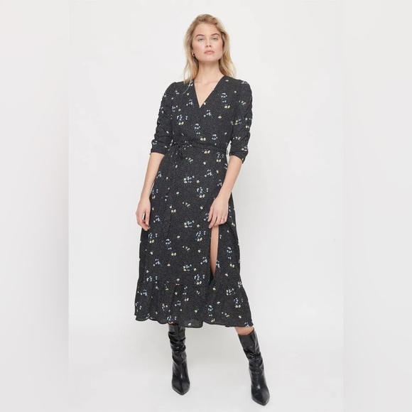 BLACK FLORAL MAXI WRAP DRESS SIZE XS - Picture 5 of 6